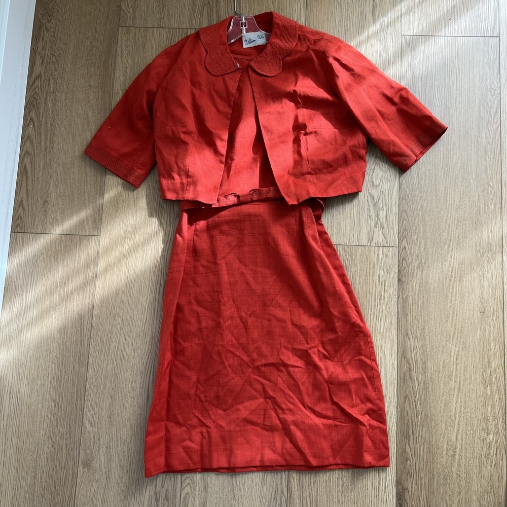 Vtg 1960s Adrian Tabin Red Orange Belted Dress & Jacket 2 Pc Set Jackie O Style